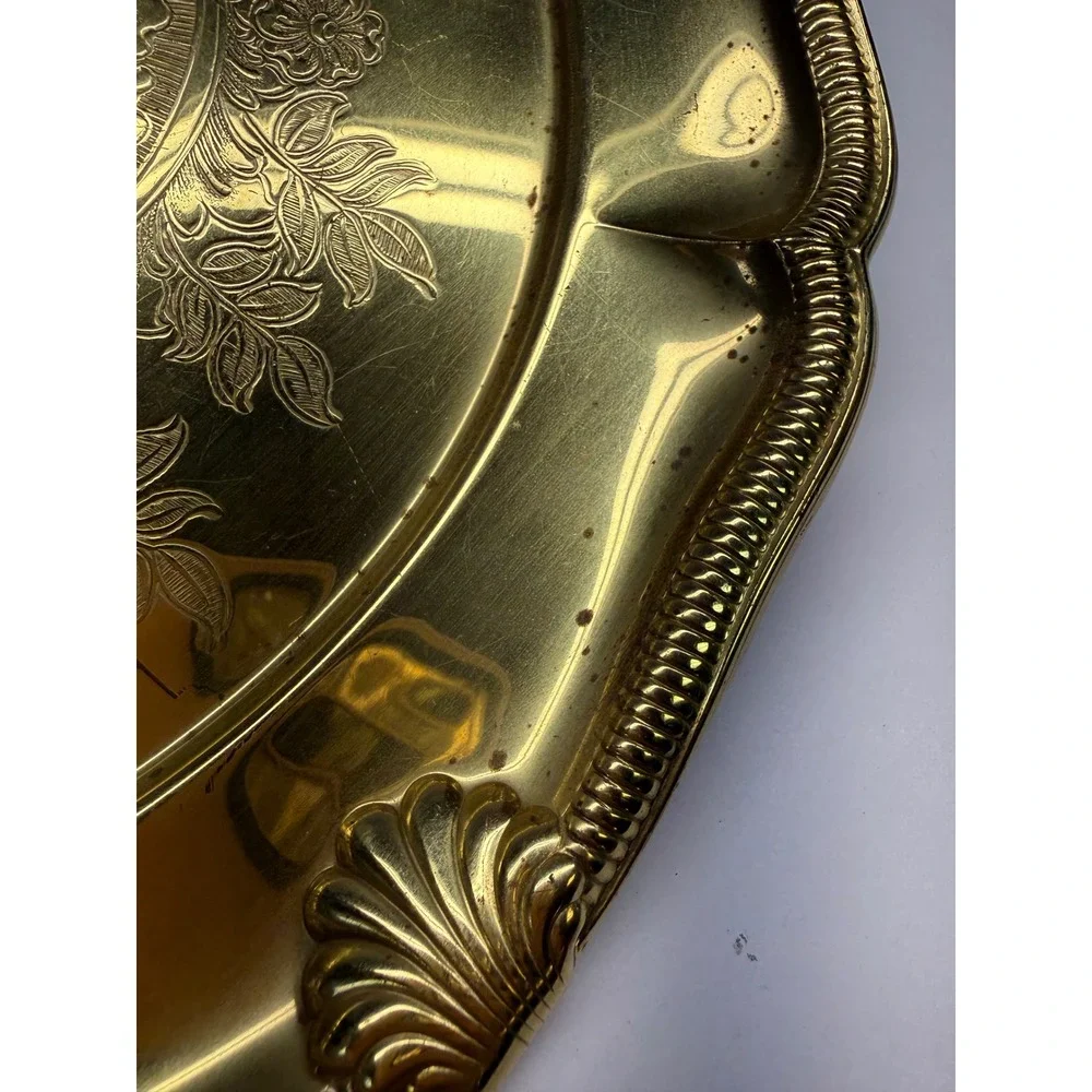 Vintage Gold Tone Etched Floral Round Serving Tray Scalloped Shell Rim 12.5 Inch